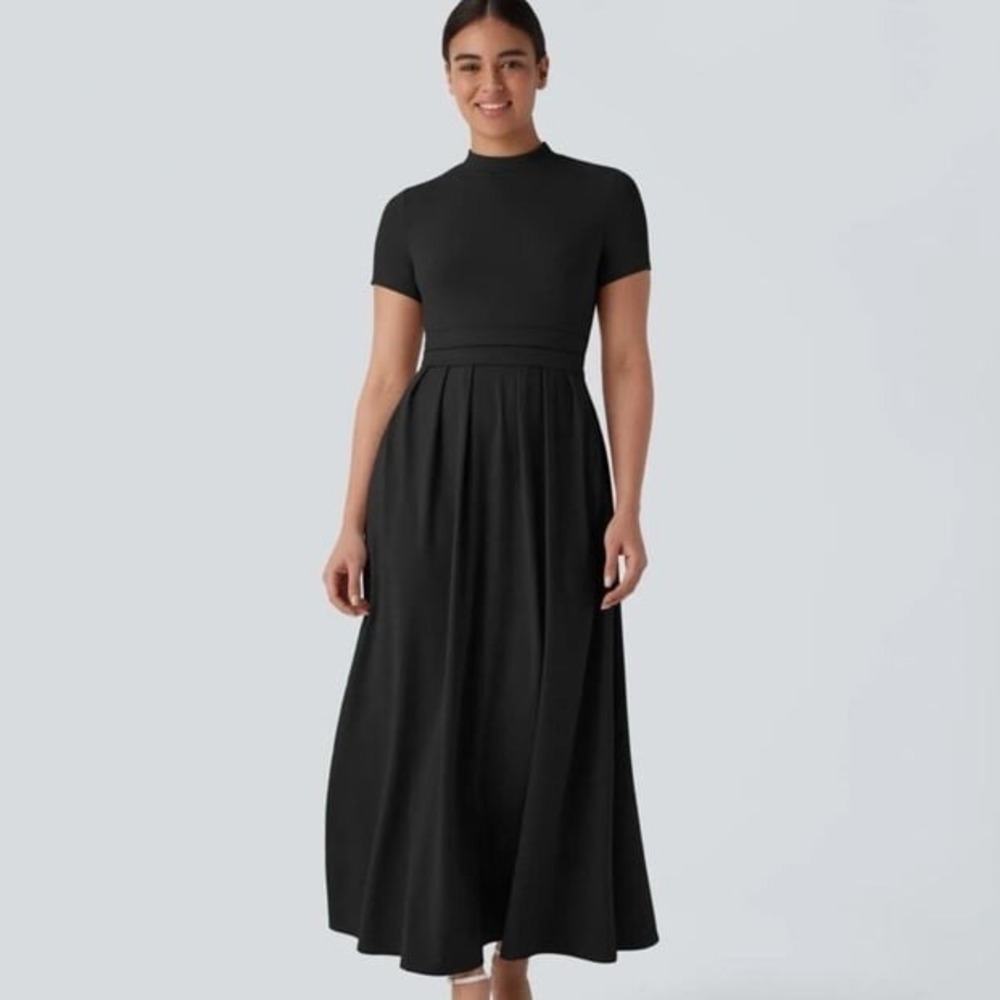 HALARA Black Short-Sleeve Midi Dress